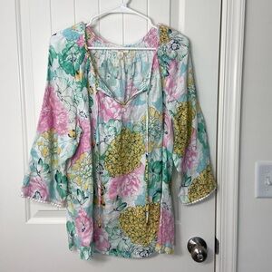 NWOT Charter Club women’s luxury linen floral tie neck peasant‎ relaxed blouse L